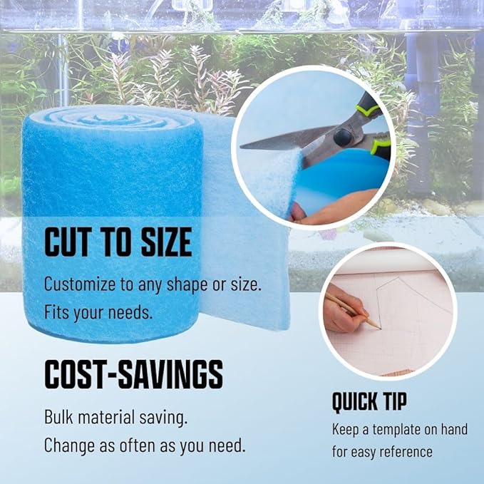 Premium Aquarium Filter Media Pad - Cut-to-Fit Roll, Fresh and Saltwater Safe, Blue & Dye-Free Options, Made in USA (Blue Bonded, 6ft 24" by 0.75 Inches)