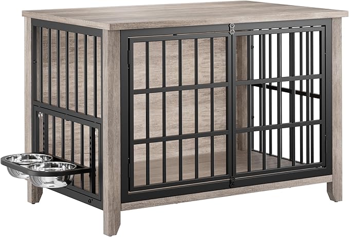 Lulive Large Dog Kennel Indoor with 360°& Adjustable Raised Dog Bowls, Wooden Dog Crate Furniture Double Doors Furniture Dog Crates End Table for Large/Medium Dogs 37.8" L*23.6" W*27" H, Grey