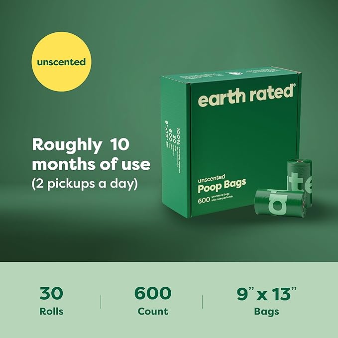 Earth Rated Dog Poop Bags Value Pack, Leak-Proof and Extra-Thick Pet Waste Bag for Big and Small Dogs, Refill Rolls, Unscented, 600 Count