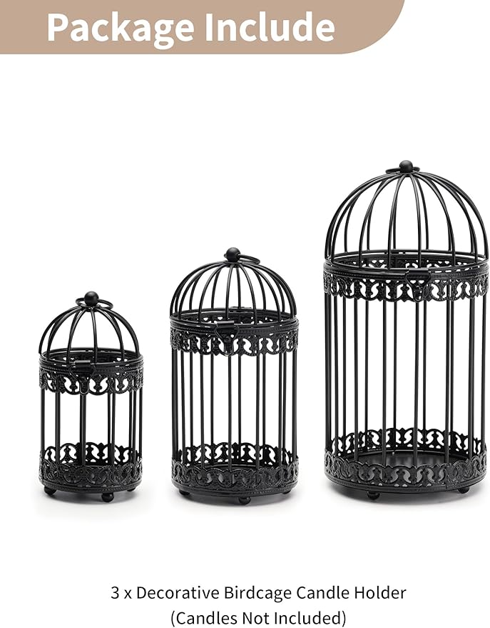 NUPTIO Decorative Bird Cages for Centerpiece: Black Vintage Bird Cage Hanging Lantern Set of 3 - Metal Birdcage Pillar Candle Holders for Halloween Party Table Fireplace Decor