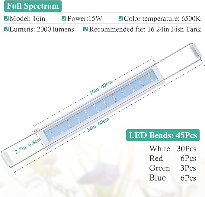 HITOP Full Spectrum LED Aquarium Light β 16-24β Classic Fish Tank Light with Timer, Aquarium Plant Light with Stable Extendable Brackets (16-24in)