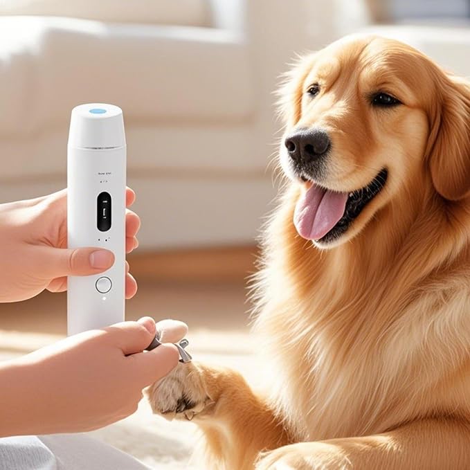 Quiet Rechargeable Pet Nail Grinder - Dog Nail Clippers and Grinder - with LED Lights and Quick Sensor, Diamond-Tip Dust Collector, Suitable for Large Dogs, Small Cats, and Rabbits (White)