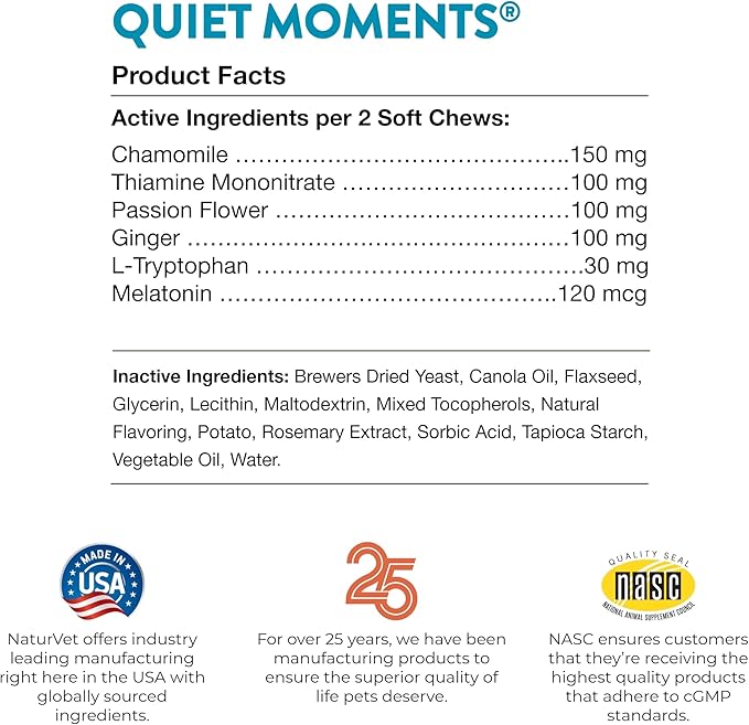 NaturVet Quiet Moments Calming Dog Supplement, Dog Soft Chews with Melatonin to Help Reduce Stress from Storms, the Vet, Fireworks, and Travel, Bacon and Chicken Flavored Pet Supplement, 180 Count Jar