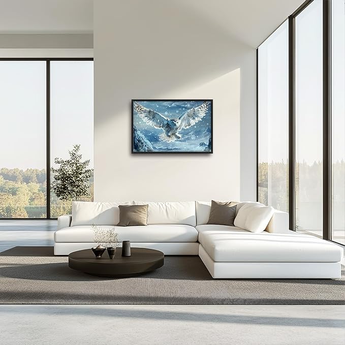 Framed Large Snowy Owl Wall Art for Living Room, Oversized Snowy Mountain Wall Decor Landscape Canvas Painting Modern Artwork Home Decoration for Living Room Bedroom Office 36"x24"