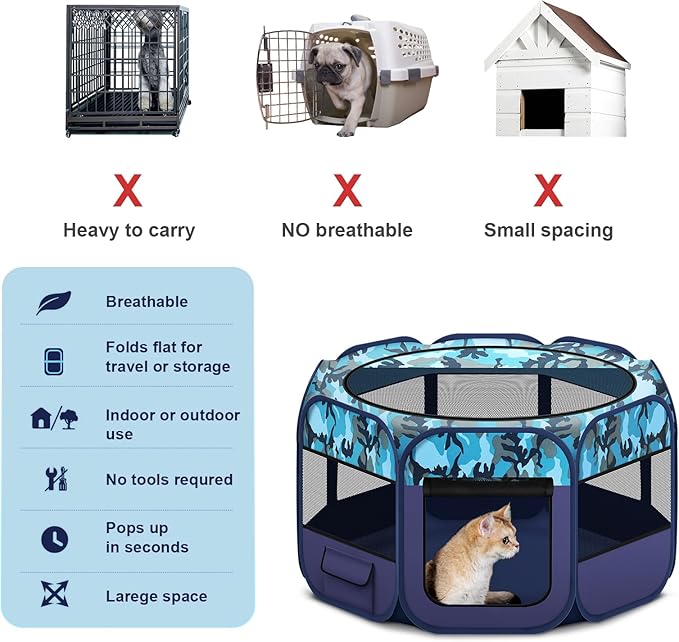 Dog Playpen, Pet Playpen, Portable Cat Playpen, Foldable Puppy Playpen Exercise Kennel Tent with Carry Case Collapsible Bowl,Water-Resistant Shade Cover for Indoor Outdoor Travel (Bule,Medium)