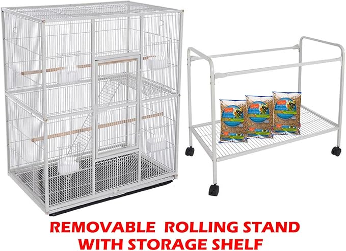 54" Large Double Birdhouse Breeder Bird Flight Cage with Center Divider Side Breeding Nest Doors Removable Rolling Stand (51" Length x 17" Depth x 54" Height, White Vein)