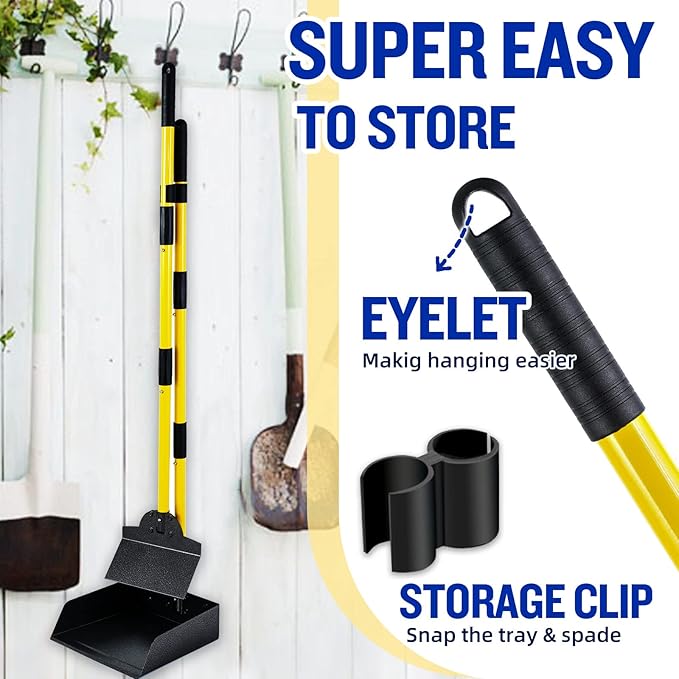 Pooper Scooper for Large Dogs, Adjustable Long Handle Metal Tray and Spade Poop Scooper for Dogs with Bin for Pet Waste Removal, No Bending Clean Up Pooper Scooper for Medium and Large Dogs