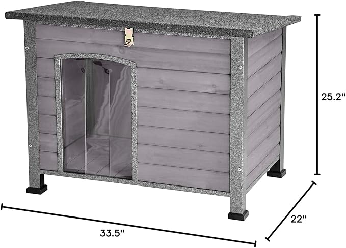 Indoor Outdoor Dog House,Anti-Chewing Iron Frame Dog Kennel,Wood Warm Pets Home,Weatherproof Outside Shelter for Feral Animal 33.5" (L) X 22" (W) X 25.2" (H) Grey