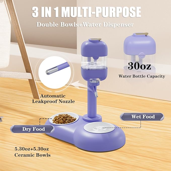 Dog Bowls with Puppy Weaning Bottles,3 in 1 Dog Bowl Set with Water Dispenser and 2 Food Grade Ceramic Bowls for Cats,Bunnies,Ferrets and Small Sized Dogs(Purple)