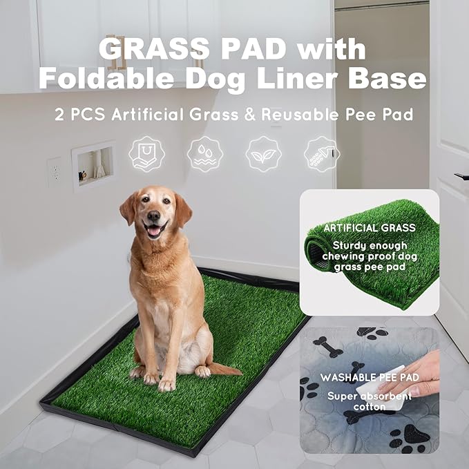 Dog Grass Pad with Foldable Dog Litter Box,Extra Large Liner Base for Balcony,Ultra-Absorbent Artificial Grass Pads for Dogs Pee Pad Holder, Potty Training, 2 PCS Reusable Pee Pad