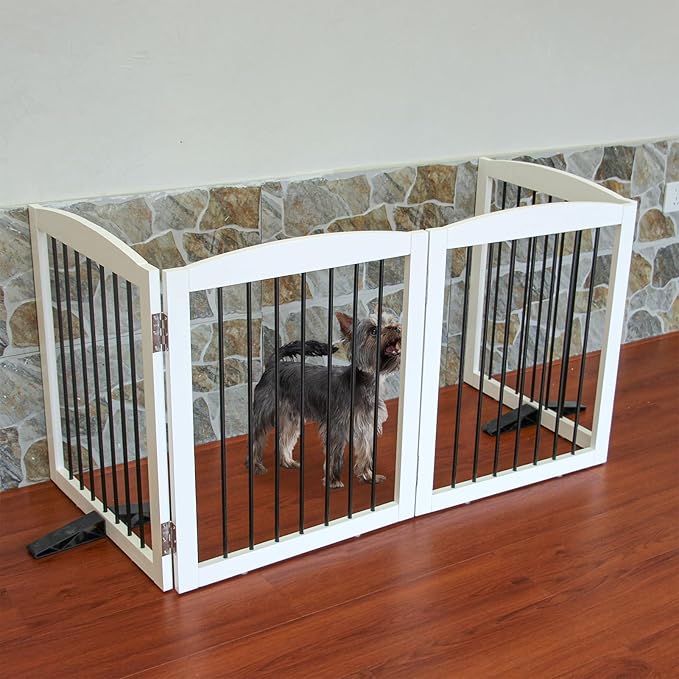 ZJSF Freestanding Panel Dog Gate for Indoor, Doorways,Stairs, or Hallways,Foldable Wooden White Pet Gates for House,Pet Gate for Dogs,Dog Fence, Puppy Gate,Support Feet Included,24 "Height-4 Panels