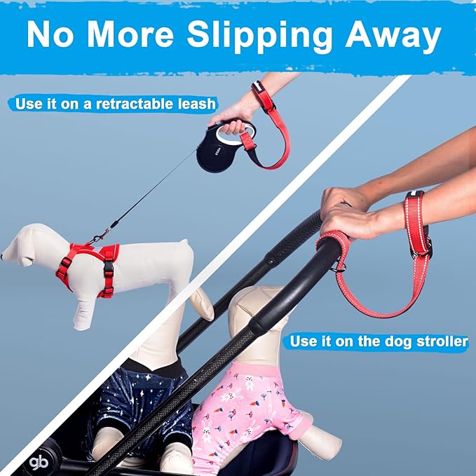 PetBonus Short Dog Leash, Safety Wrist Strap for Retractable Dog Leash, Reflective Design and Adjustable Soft Padded Handle, Extra Layer Security for Pet Stroller (Red) 1 Pack