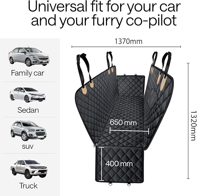 Waterproof Dog Car Seat Cover for Back Seat with Hard Bottom Inserts - Dog Hammock for Car, 600D, SUV, and Trucks - Pet Car Seat Covers - Backseat Extender for Dogs with 2 Storage Pockets, Mesh Window