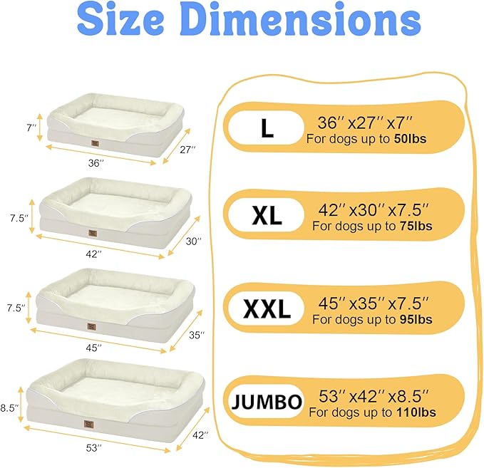 Orthopedic Washable Large Dog Bed - Egg Foam Dog Bed for Large and Medium Dogs Big Pet Beds with Removable Washable Cover and Bolster Non-Slip Bottom