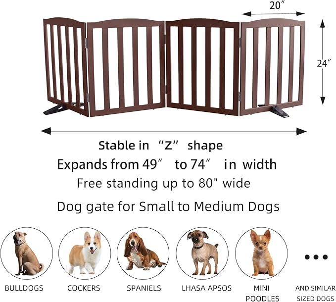 ZJSF Foldable Freestanding Indoor Dog Gate for House Wood Long Pet Gates Dog Fence for Stairs Puppy Gates for Hallways, Puppy Gate,Support Feet Included, Brown, 24 "Height-4 Panels