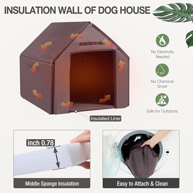 Dog House with Insulated Liner Outdoor Indoor All-Around Iron Frame Design Dog House with Porch&Raised Feet for Small Medium Large Dogs(Brown)