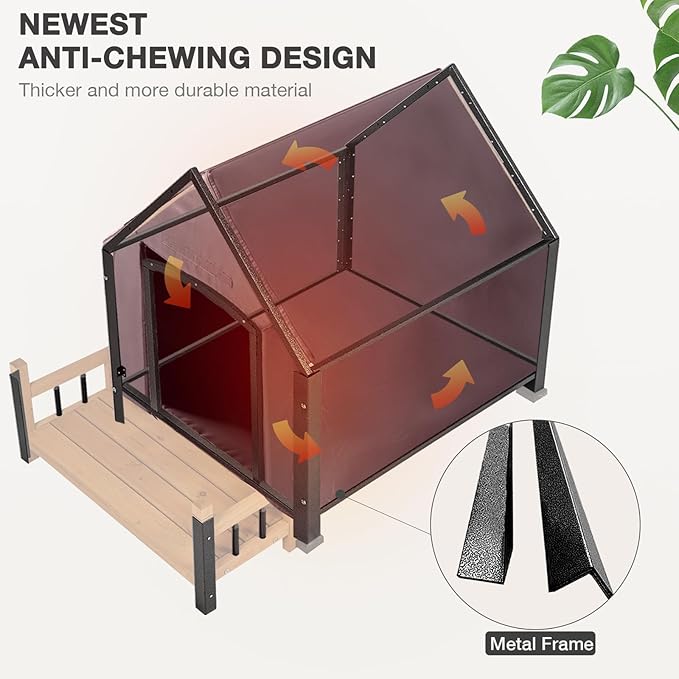 Dog House with Insulated Liner Outdoor Indoor All-Around Iron Frame Design Dog House with Porch&Raised Feet for Small Medium Large Dogs(Brown)