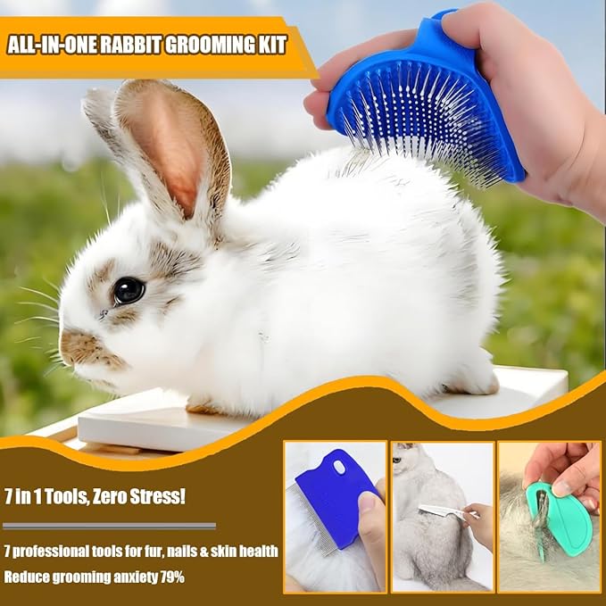 Rabbit Grooming Kit โ Bunny Grooming Kit with Shedding Brush, Nail Clippers & Comb โ Small Animal Grooming Supplies for Rabbits, Guinea Pigs, Hamsters, Ferrets - Small Pet Shedding & Care (Blue)