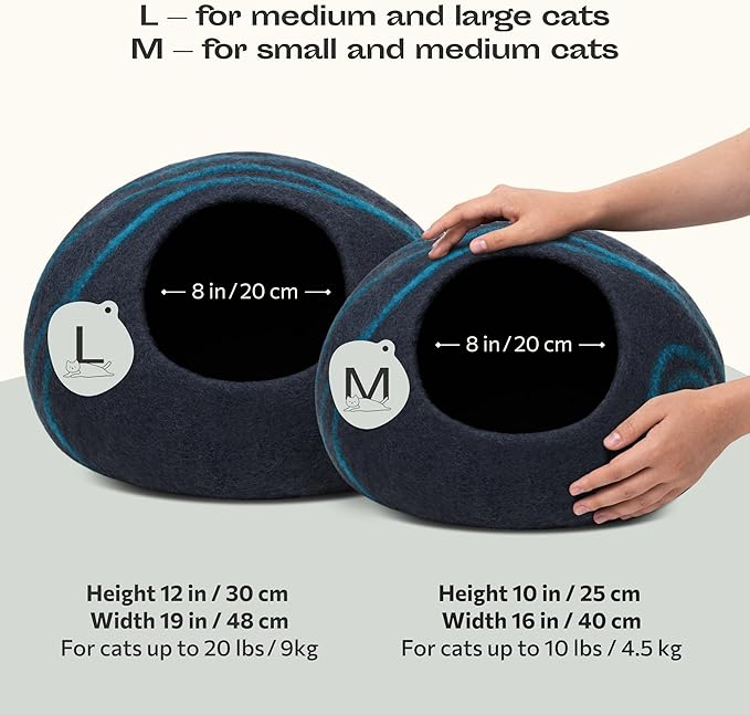 MEOWFIA Cat Cave – Premium Felt Cat Bed for Indoor Cats, Handmade 100% Merino Wool (Large, Black Aqua)