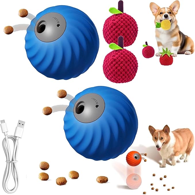 Zoomie Buddy 2.0, Zoomie Buddy for Dogs, 2 in 1 Smart Touch Interactive Dog Balls & Pet Feeder, 2.83" Diameter, Suitable for Small/Medium Dogs, with Fruit Plush Cover (2*Blue, Bayberry)