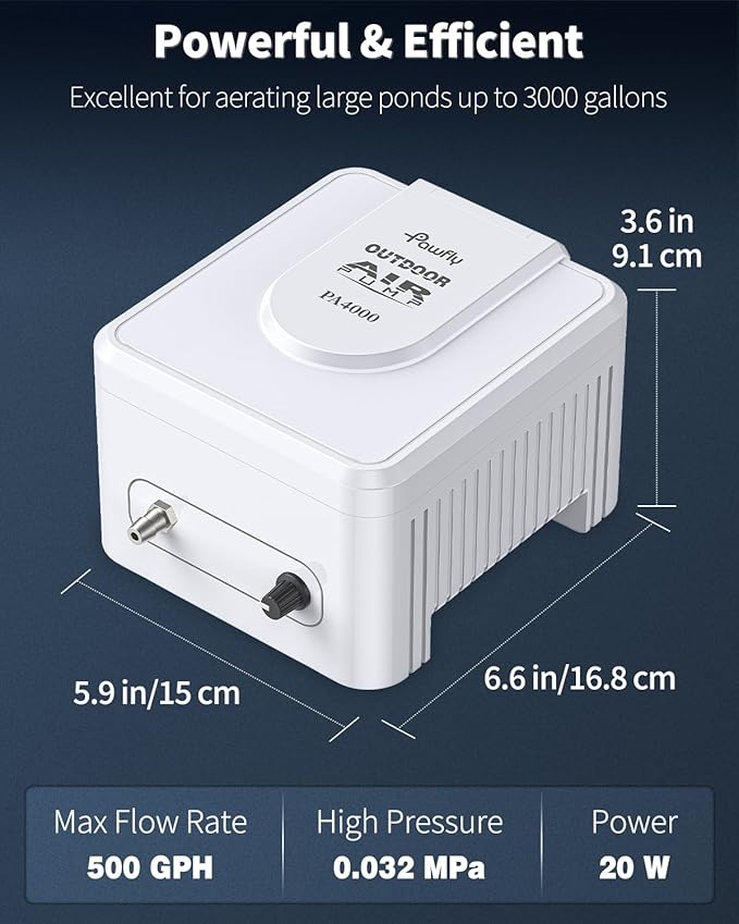 Pawfly Pond Air Pump Outdoor Oxygen Pump for Fish Koi Ponds 3000 to 10000 Gallons Adjustable Pond Garden Aerator Pump Kit with Airline Tubing Control Lever Valves Air Stones and Check Valves