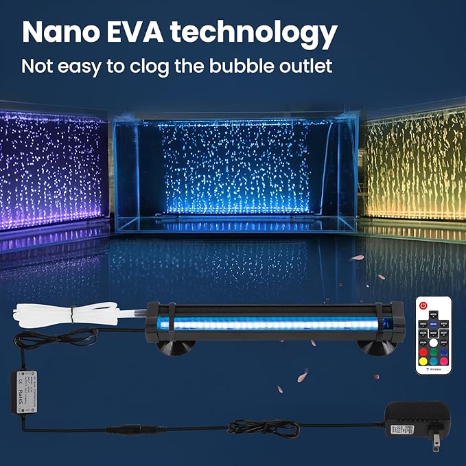Submersible Bubble Aquarium Light:RGB Aquarium Light with Remote Control Oxygenator for Saltwater Coral Growth - 9 Inch Waterproof Fish Tank Light Designed for Aquarium Breeders