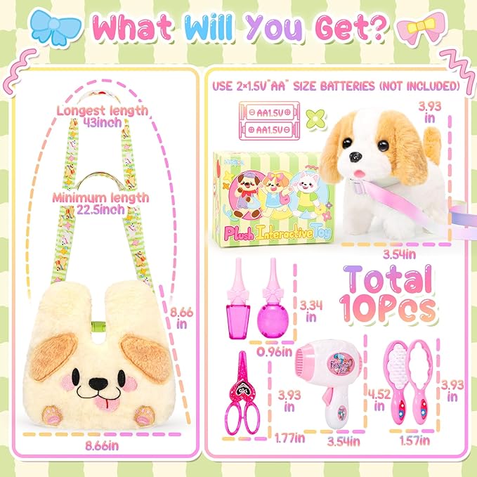 Plush Dog Toys for Kids with Crossbody Bags, Puppy Toys Robot Dog with Leash Walking Barking Tail Wagging, Pretend Play Pet Care Cute Stuff Electronic Interactive Toddler Birthday Gifts