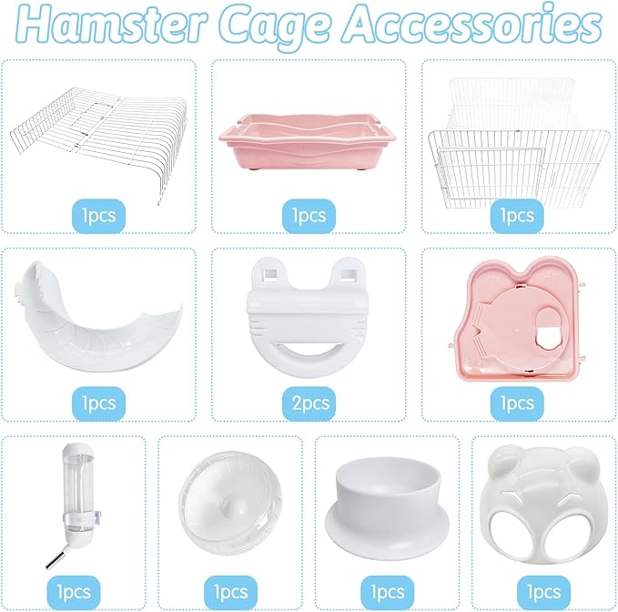 PINVNBY Dwarf Hamster Cage, Small Animal Cages, 2-Tier Travel Portable Mouse Cage Hamster Carrier with Castle House Running Exercise Wheels, Water Bottle and Food Dis(Pink)