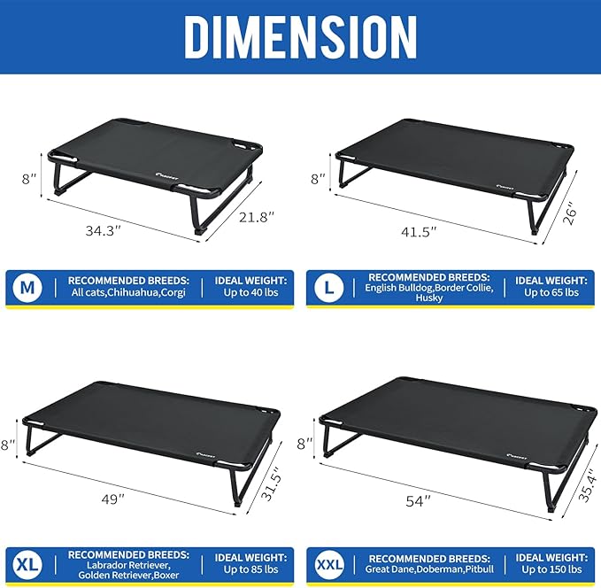 Cooling Elevated Dog Bed, Raised Outdoor Dog Bed Waterproof Pet Beds Cots Stable and Easy Assembly, Teslin Fabric with 1.2mm Thick Iron Frame, Breathable, Ultra-Sturdy,Black,32 * 25.2 * 7.1