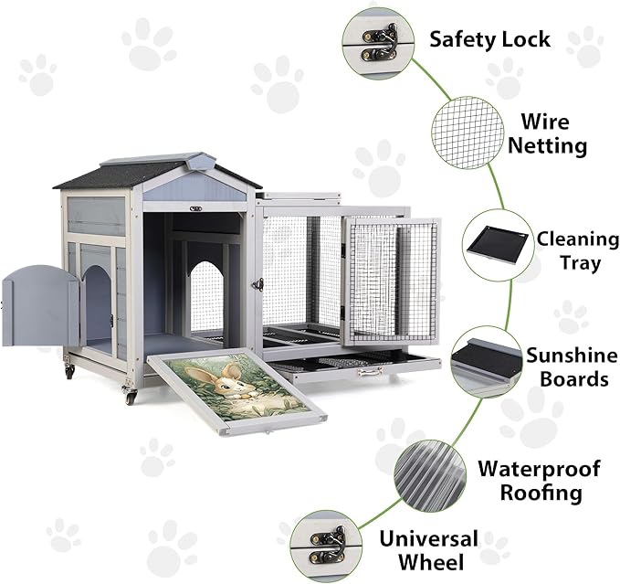 COZIWOW 38.5inches Durable Wooden Rabbit Cage Indoor,Wide Space Small Animal House with Removable Tray&Safety Lock,Rubbit Hutch with Waterproof Roof&Solar Panels (Grey with Pattern)
