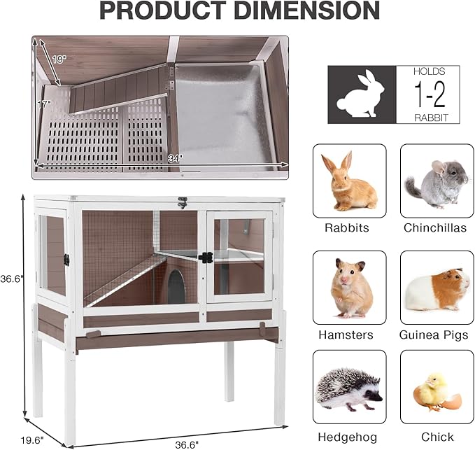 Guinea Pig Cage Indoor with Cool Zinc Plate Rabbit Hutch with Wheels and Removable Proof Tray Elevated Legs Hamster Cage with Chew-Resistant Metal Frame 36.6" L(Brown)