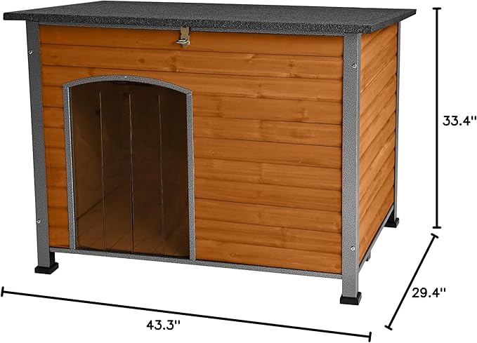 Indoor Outdoor Dog House,Anti-Chewing Iron Frame Dog Kennel,Wood Warm Pets Home,Weatherproof Outside Shelter (43.3" (L) x 29.4" (W) x 33.4" (H) Brown)