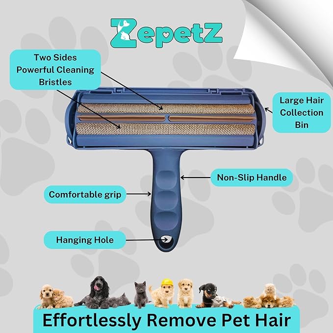 Pet Hair Removal Tool โ Reusable Lint Roller for Dogs & Cats โ Self-Cleaning Fur Remover Brush โ Ergonomic Lint Roller for Carpet, Bedding, Couch, Car Seat & More (Blue)