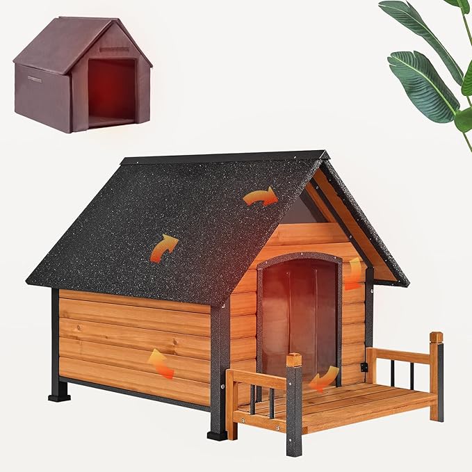 Dog House with Insulated Liner Outdoor Indoor All-Around Iron Frame Design Dog House with Porch&Raised Feet for Small Medium Large Dogs(Brown)
