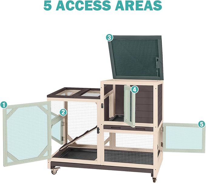 Rabbit Hutch Indoor for 2-4 Rabbits & Guinea Pigs,Bunny Cage with Slide-Out Plastic Trays,Wooden Small Animal Cage for Rabbits, Bunnies, and Guinea Pigs (Dark Brown)