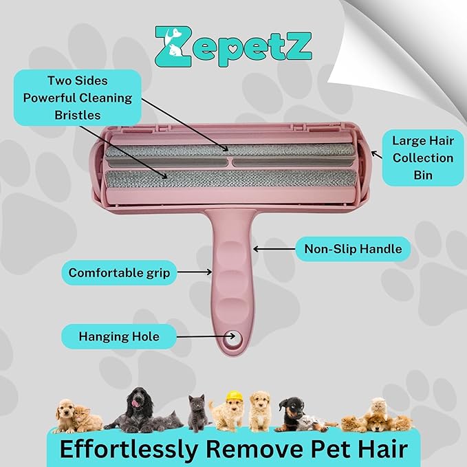 Pet Hair Removal Tool โ Reusable Lint Roller for Dogs & Cats โ Self-Cleaning Fur Remover Brush โ Ergonomic Lint Roller for Carpet, Bedding, Couch, Car Seat & More (Pink)