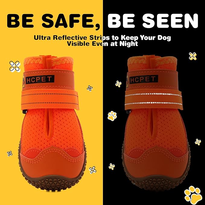 Hcpet Dog Shoes for Large Dogs, Breathable Dog Booties for Small Medium Dogs, Anti-Slip Dog Boots & Paw Protectors for Hot Pavement Winter Snow Hiking with Reflective Straps Orange Size 6