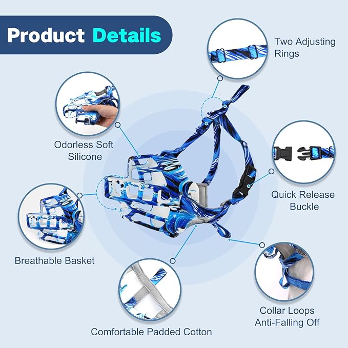 Basket Muzzle to Prevent Biting, Dog Muzzle for Large Medium Small Dogs Allows Panting Drinking Anti Chewing, Perfect for Grooming Trimming Training and Aggressive Reactive Dogs (Blue, Size 6)