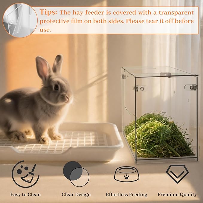 Acrylic Rabbit Hay Feeder with Lid, Transparent Hanging Food Dispenser Hay Feeder for Bunny Rabbits Guinea Pig Cage Chinchillas Hamsters Small Pets and Animals(Small
