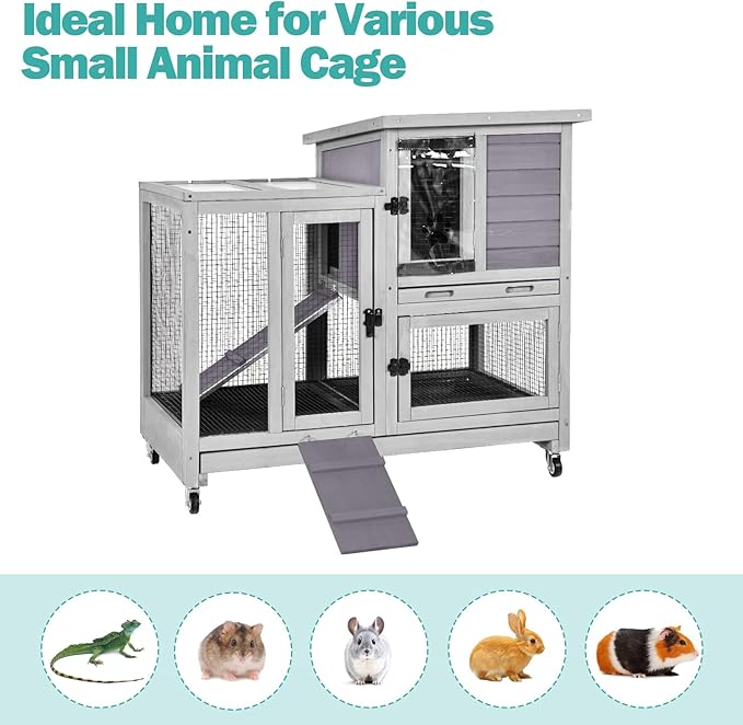 Rabbit Hutch Indoor for 2-4 Rabbits & Guinea Pigs,Bunny Cage with Slide-Out Plastic Trays,Wooden Small Animal Cage for Rabbits, Bunnies, and Guinea Pigs (Light Grey)