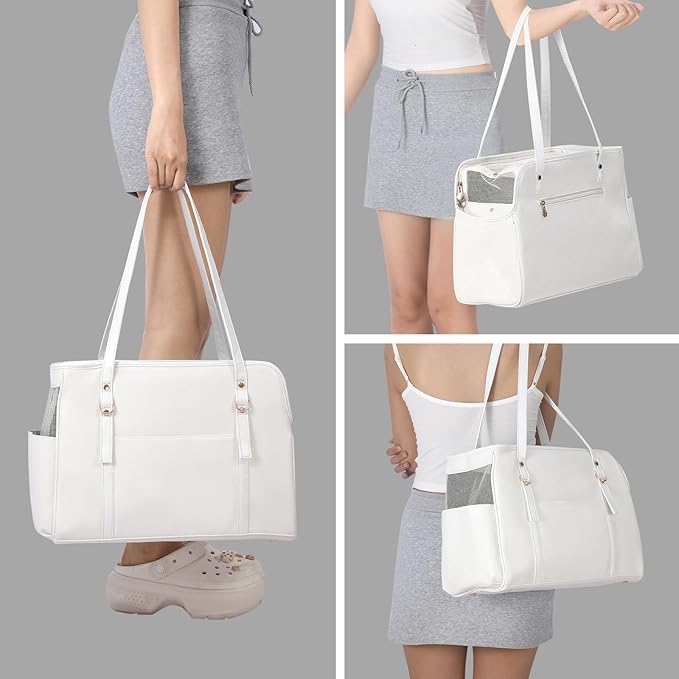 Dog Carrier Purse, Fashion Leather Pet Carrier with Pockets, Airline Approved Soft Sided Dog Carrying Bag for Puppy Cat Dog White