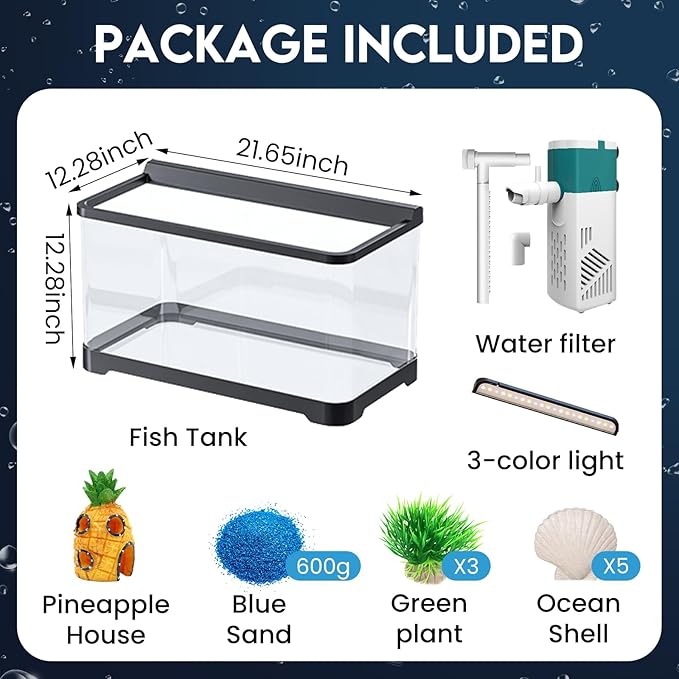 LED Aquarium Fish Tank Kit,(Light + Filter + Green Plants + Blue Sand + Pineapple Houses + Shells) Black, 14 Gallon