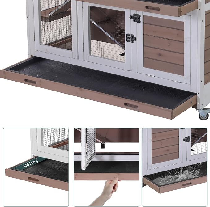 Rabbit Hutch Indoor Bunny House Guinea Pig Cage with Sliding Plastic Trays, Wheels & Ramp, 47.2" Multi-Door Wooden Small Animal Cage for Rabbits, Bunnies, and Guinea Pigs (Brown)