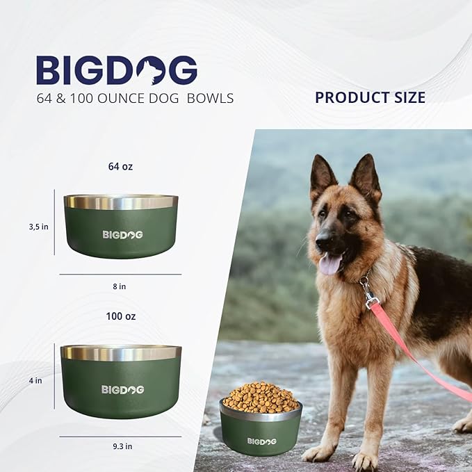BIGDOG Large Dog Bowls, Stainless Steel Dog Food and Water Bowl (64 Ounce, Army Green)