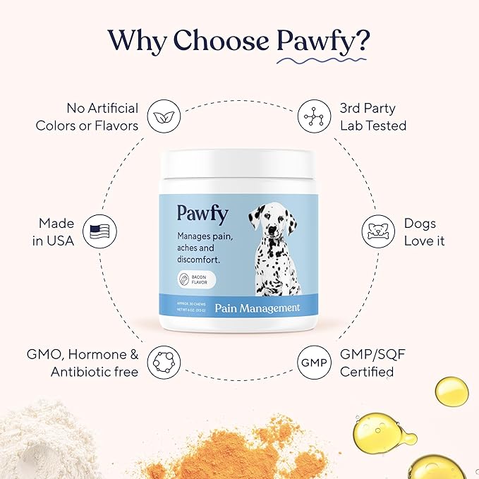 Pawfy Advanced Pain Management - Essential Vitamins & Supplements with Omega 3 |Joint Supplement for Dogs - Supports Hip & Joint Health for Small, Medium, Large Breeds | 30 Fast-Acting Chews