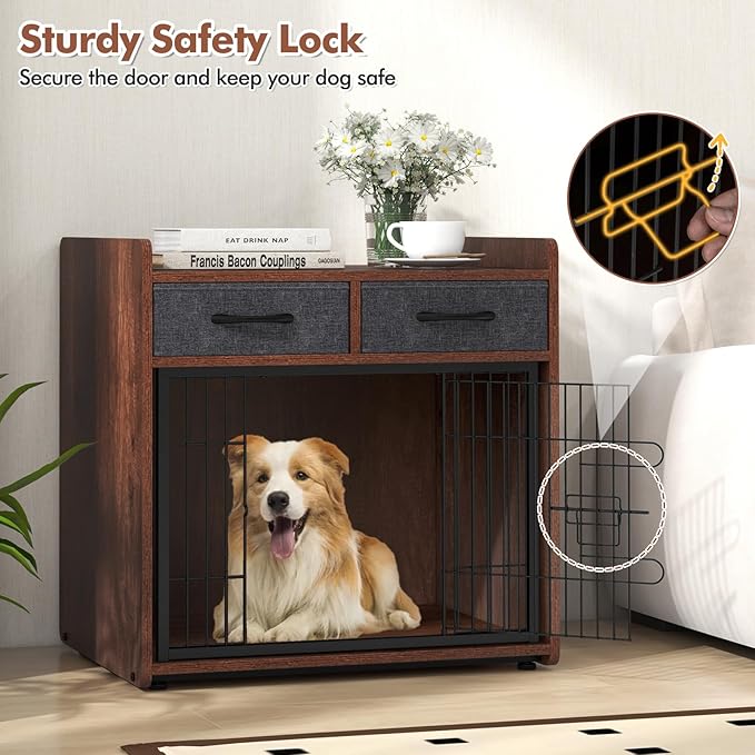PETISITE Wooden Dog Crate with Lockable Door, Adjustable Foot Pads, 2 Fabric Drawers, Indoor Kennel Side Table for Small & Medium Dogs, 24.5 x 19.5 x 25 in
