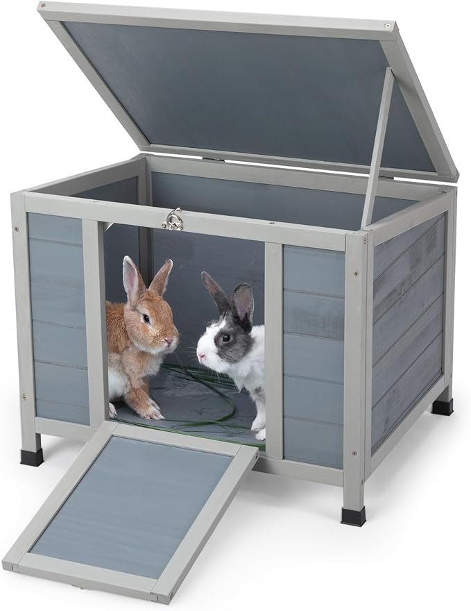 COZIWOW 24inches Wooden Catio Outdoor Cat House Small Animal House,Rabbit Hutch Indoor,Stable Weatherproof Bunny Cage Pet Shelter for Small Cat Dog Rabbit Guinea Pig (Grey)