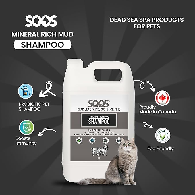 Soos pet Shampoo Mineral Rich Mud Cat and Dog Shampoo Natural Dead Sea Minerals Fast Absorbing - 1x Bottle (4L)