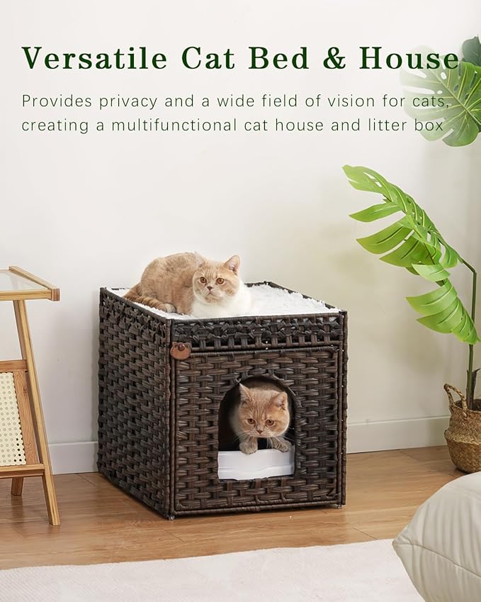 Cat Beds for Indoor Cats Extra Large Double Cat Cave Pet Cube, Handwoven Rattan Cat Houses with Double-Sided Soft Cushions, 18.5 x 20.5 x 19.1 Inches Foldable Hideaway in Living Room Brown