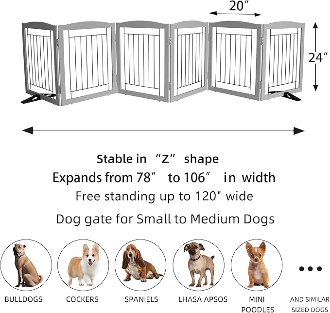 ZJSF Freestanding Dog Fence Indoor, Foldable Dog Gate for Doorways, Stairs or Hallways, Sturdy Wood Extra Wide Pet Gate with Support Feet for The House, Grey, 24 "Height-6 Panels